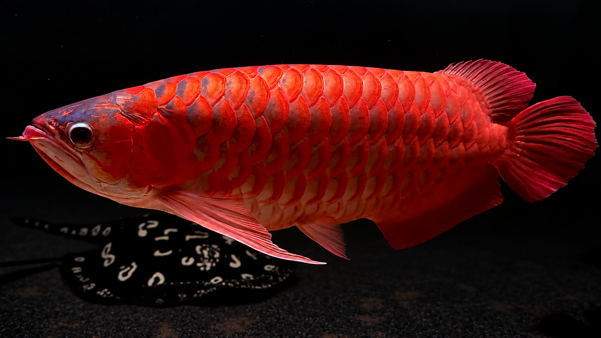 Red arowana and white-marked stingray against a dark aquarium background
